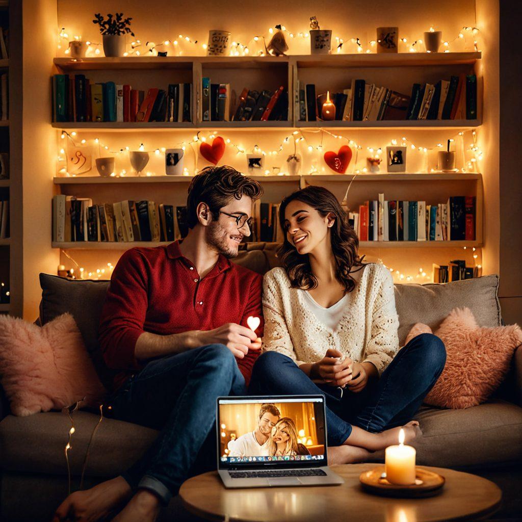 A couple sitting on a cozy couch, holding hands and watching a romantic movie on a laptop, with fairy lights and candles setting a warm ambiance. There's a bookshelf with romance novels and heart-shaped decor in the background. super-realistic. vibrant colors. warm lighting.
