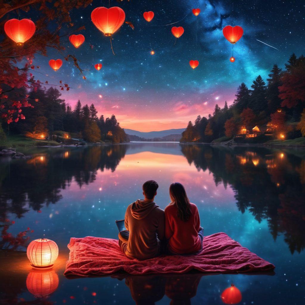 A picturesque evening scene by a serene lake under a starry sky, with a couple sitting on a cozy blanket, watching romantic videos on a tablet, surrounded by floating red heart lanterns. Super-realistic. Vibrant colors. Romantic and serene atmosphere.