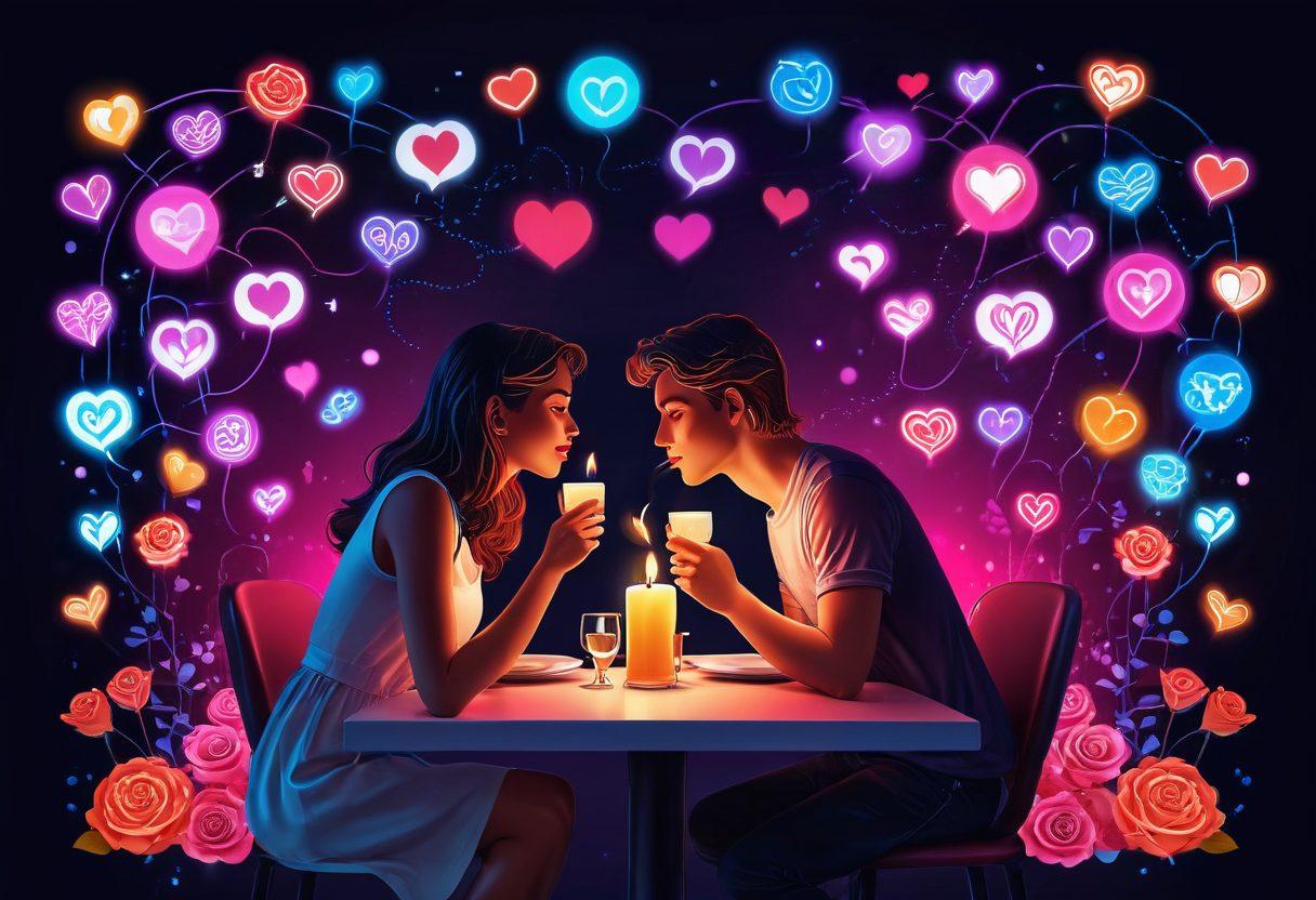 A romantic and visually appealing collage featuring a cozy couple enjoying a candlelit dinner, playful dating app icons floating around, and a sensual kiss captured in vibrant neon lights. Include elements of chat bubbles, hearts, and roses across the scene to symbolize online romance. vector art. vibrant colors.